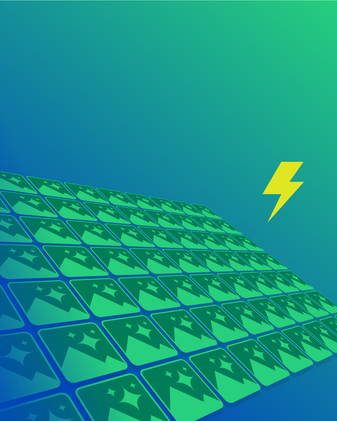 Rule29 AI Boardroom editorial artwork: a green and blue isometric tile grid with a yellow lightning bolt